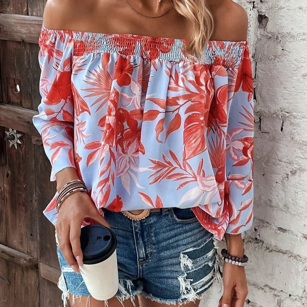 Multicolor Boho Women's Off Shoulder Blouse With Tropical Plant Print - Picture 5 of 6